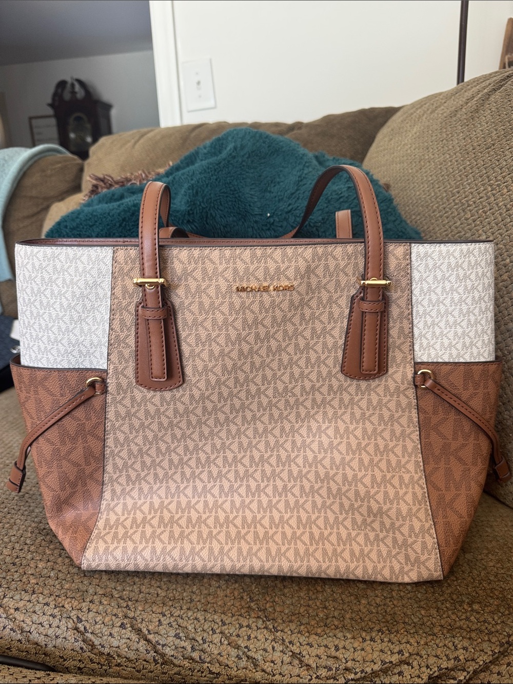 Michael Kors Two-Tone MK Logo Tote in Brown and Cream
